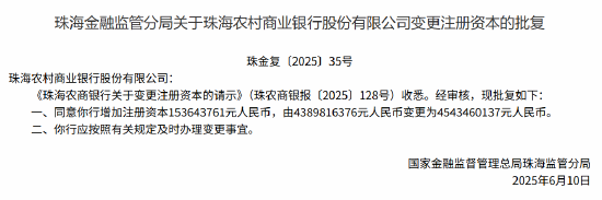 珠海农村商业银行获批变更股权 注册资本获批增加至45.43亿元
